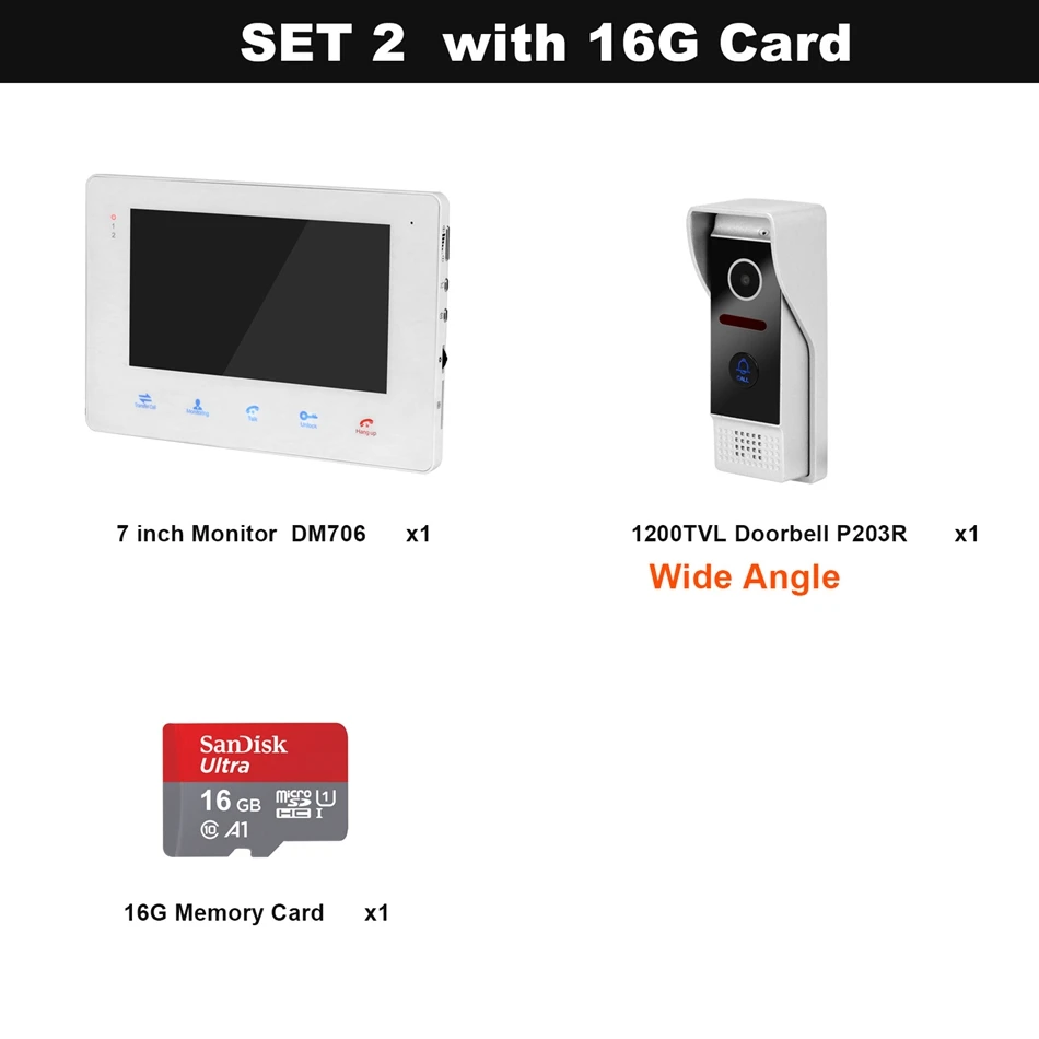 SET 2 with 16G card HomeFong видео домофон система 1200TVL широкоугольная Поддержка записи Разблокировка для домашней системы безопасности дверной Звонок камера - Цвет: SET 2 with 16G card