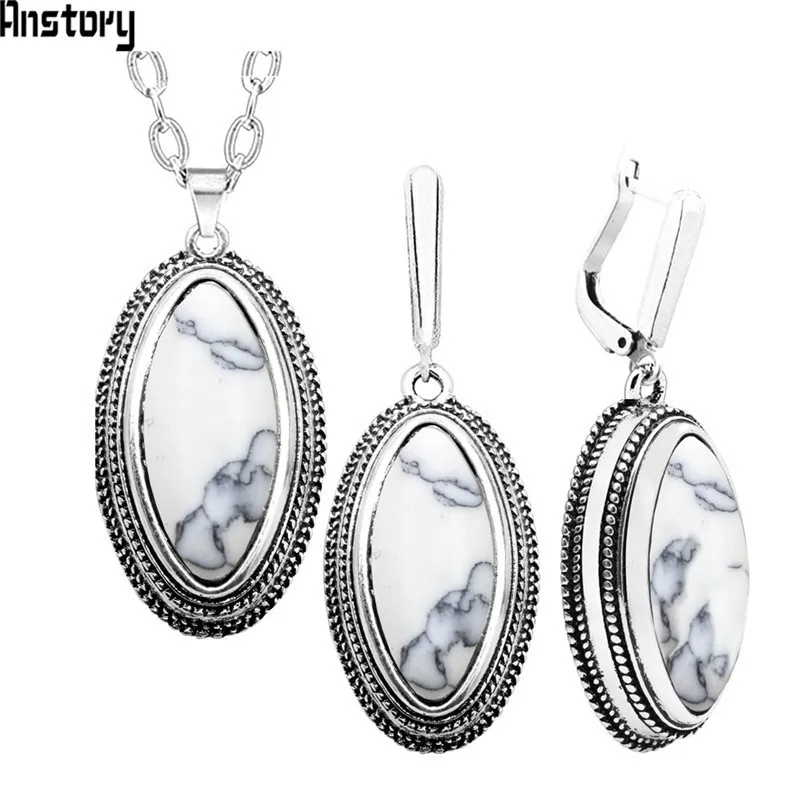 White Double Layer Rhombus Red Stone Set Retro Necklace Earrings Set For Women Antique Silver Plated Fashion Jewelry - Окраска металла: White