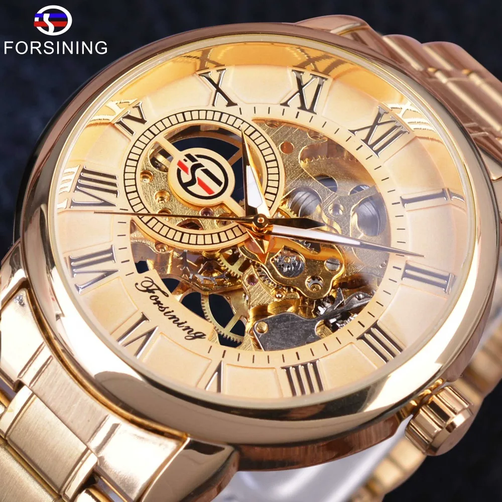 

Forsining Retro Golden Series Transparent Case 3D Logo Stainless Steel Mens Watches Top Brand Luxury Mechanical Skeleton Watches