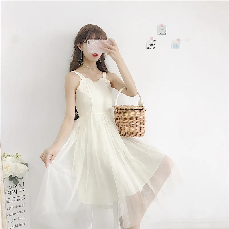Summer new women's Korean version of the fresh sweet loose mesh stitching high waist was thin Dress | Женская одежда