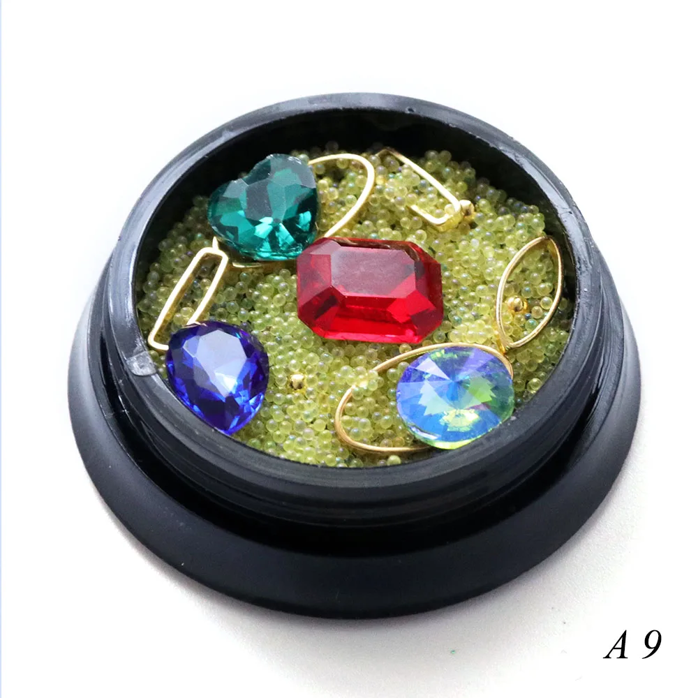 A9 1 коробка, смешанный дизайн, икра, бусины, 3D дизайн ногтей, украшения, капли воды, Стразы для ногтей, подвески, жемчуг, круглые бусины для маникюра LA073 - Цвет: A9
