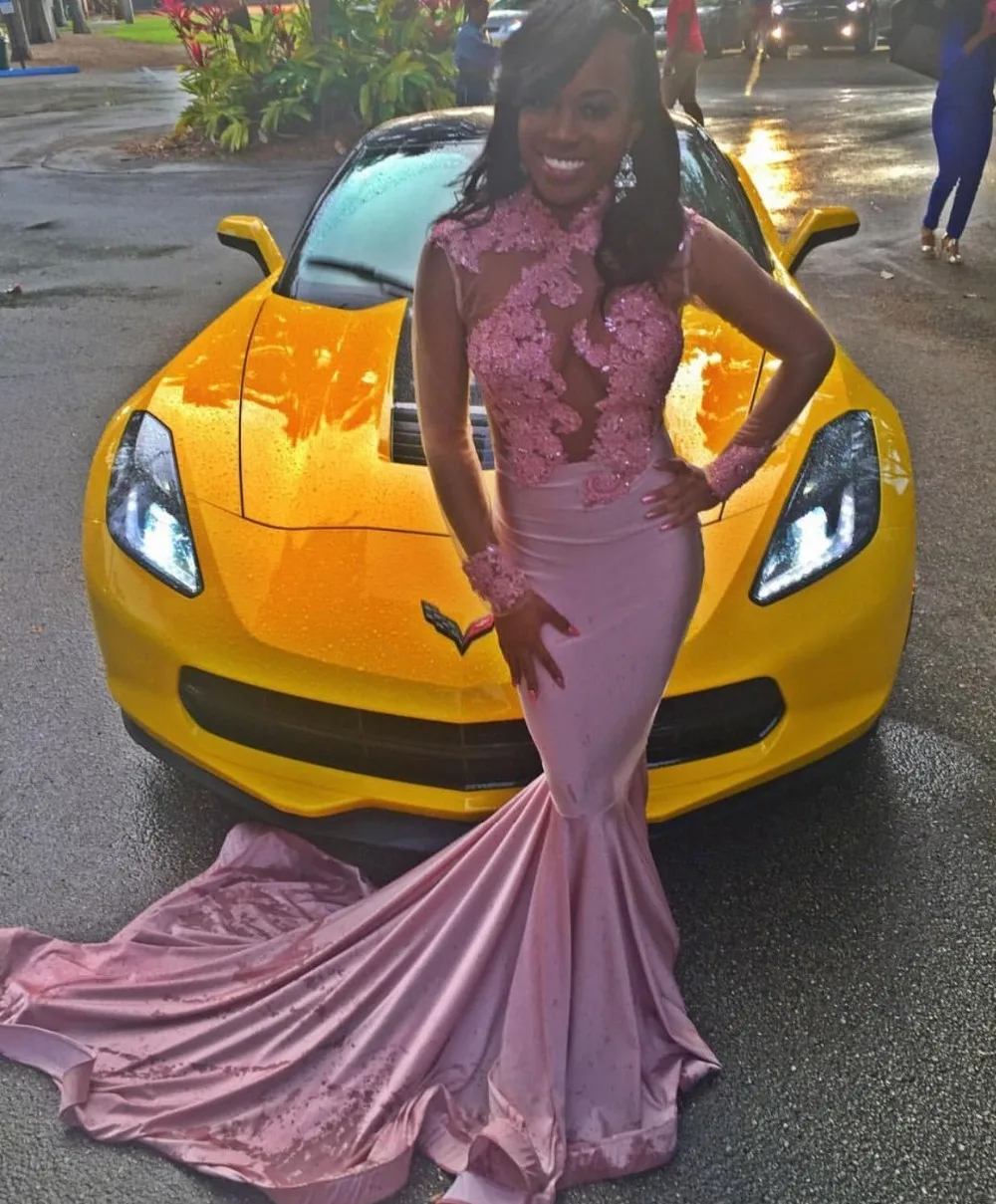 Сексуальные розовые платья для выпускного вечера с высоким воротником и длинным