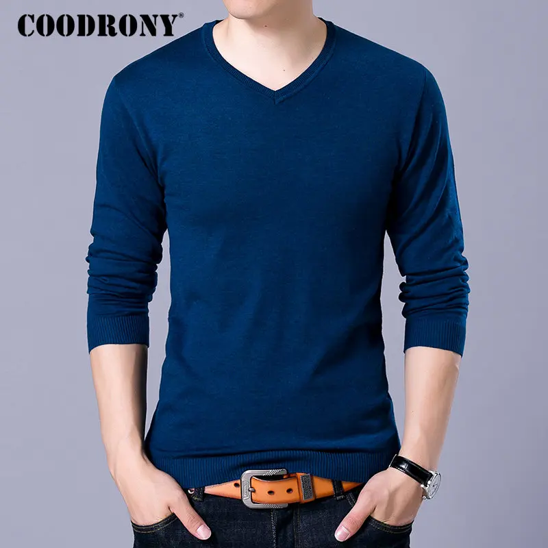 Синий COODRONY Brand Sweater Men Knitwear Pull Homme Streetwear Classic Casual V-Neck Pullover Men Autumn Winter Woolen Sweaters 91054 - Цвет: Синий