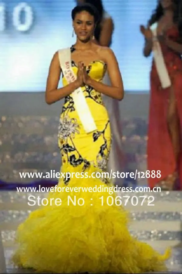 Real Model Yellow One Shoulder Mermaid Feather Celebrity Evening Dress 2012 | Свадьбы и торжества