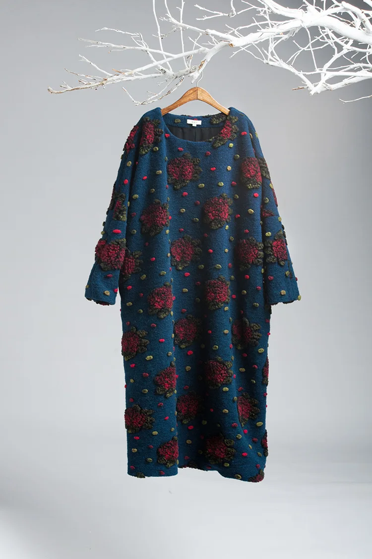 TaFiY Vestidos, женские зимние платья, Ретро стиль, круглый ворот, цветочный принт, утолщенное шерстяное Макси платье размера плюс, шерстяные женские длинные халаты