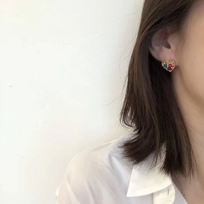 MENGJIQIAO новые винтажные цветные круглые бусины в форме сердца милые серьги-гвоздики для женщин Мода Темперамент Золотой Цвет Brinco ювелирные изделия - Окраска металла: heart