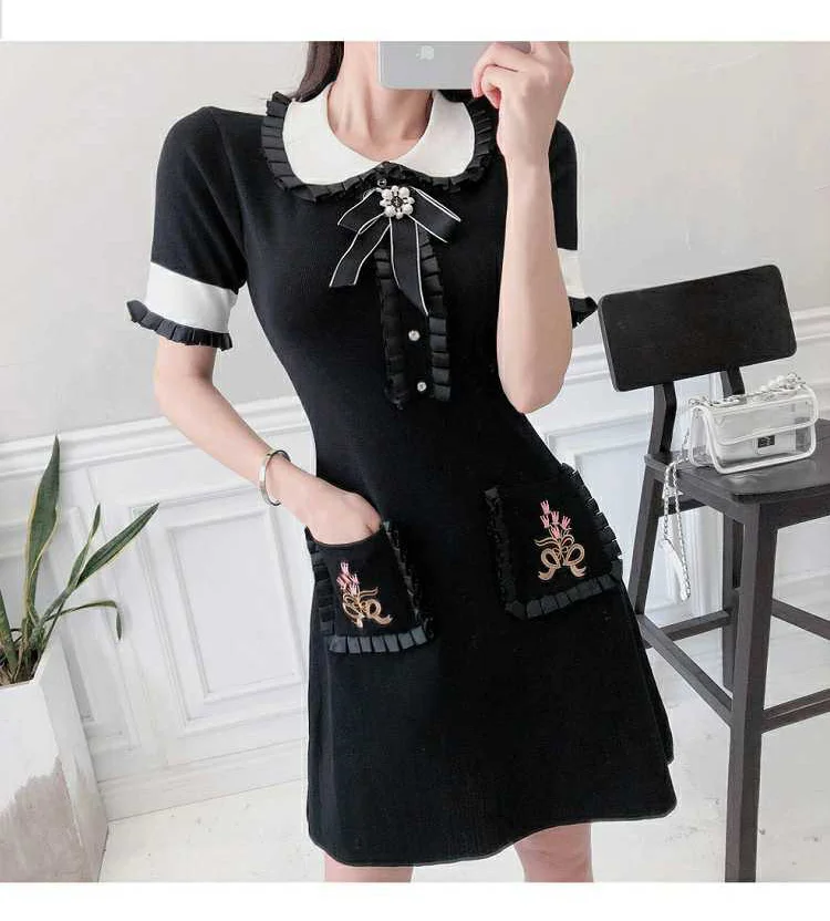 Trytree Autumn Winter Women Dress Casual Peter pan Collar Bow Embroidery Pocket Shirt Dresses Knitting Black Straight Mini Dress