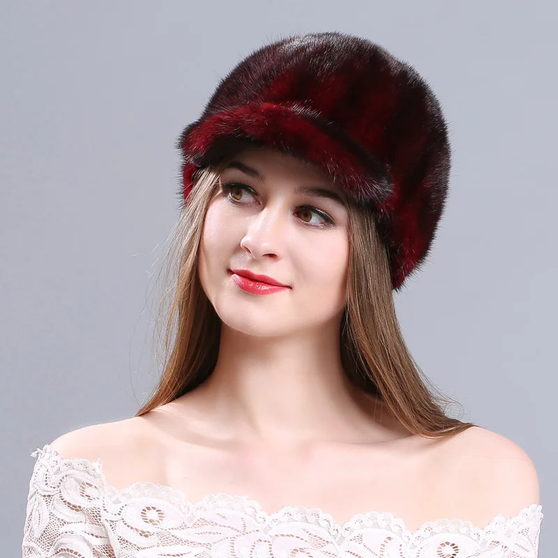 Женские меховые шапки, норковая меховая шапка вязаная, головные уборы для зимы, женские шапочки, модная Русская Шапка для женщин, эластичные вязаные шапки - Цвет: wine red