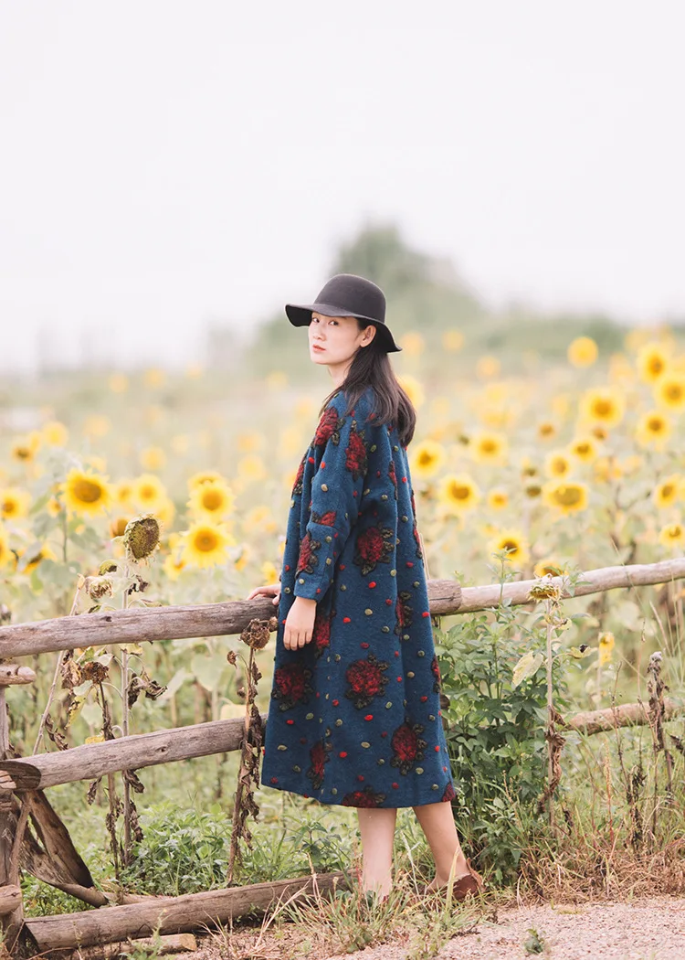 TaFiY Vestidos, женские зимние платья, Ретро стиль, круглый ворот, цветочный принт, утолщенное шерстяное Макси платье размера плюс, шерстяные женские длинные халаты