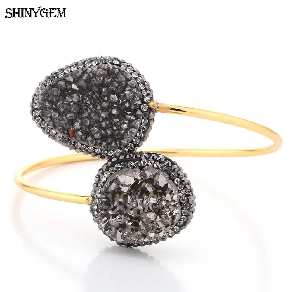 ShinyGem винтажный Регулируемый большой браслет с камнями Друза браслеты гладкое золотое покрытие с большим природным камнем открытые манжеты браслеты для женщин - Окраска металла: Black