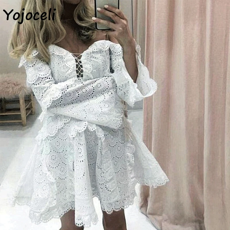 Yojoceli сексуальное кружевное хлопковое платье с вышивкой женское рюшами для