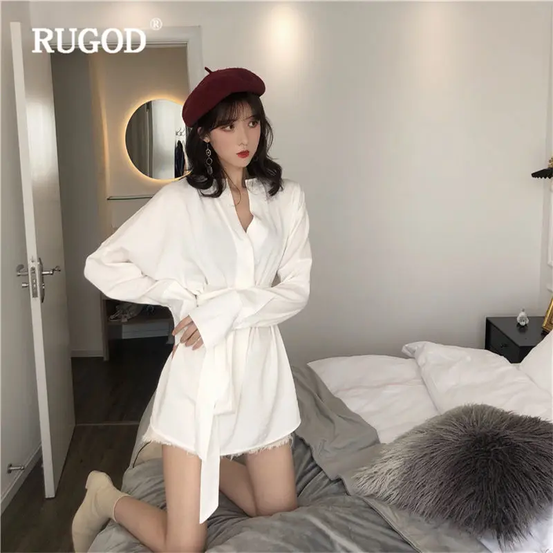 Женское мини платье RUGOD Осеннее однотонное с длинным рукавом и треугольным
