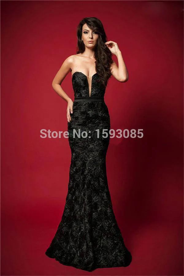 New Style Elegant Sexy Low Back Black Lace Flowers Sweetheart Mermaid Prom Dress Fashion 2014 Free Shipping | Свадьбы и торжества