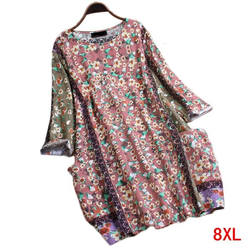 Платье женское большого размера из хлопка и льна 5XL 6XL 7XL 8XL летнее с круглым