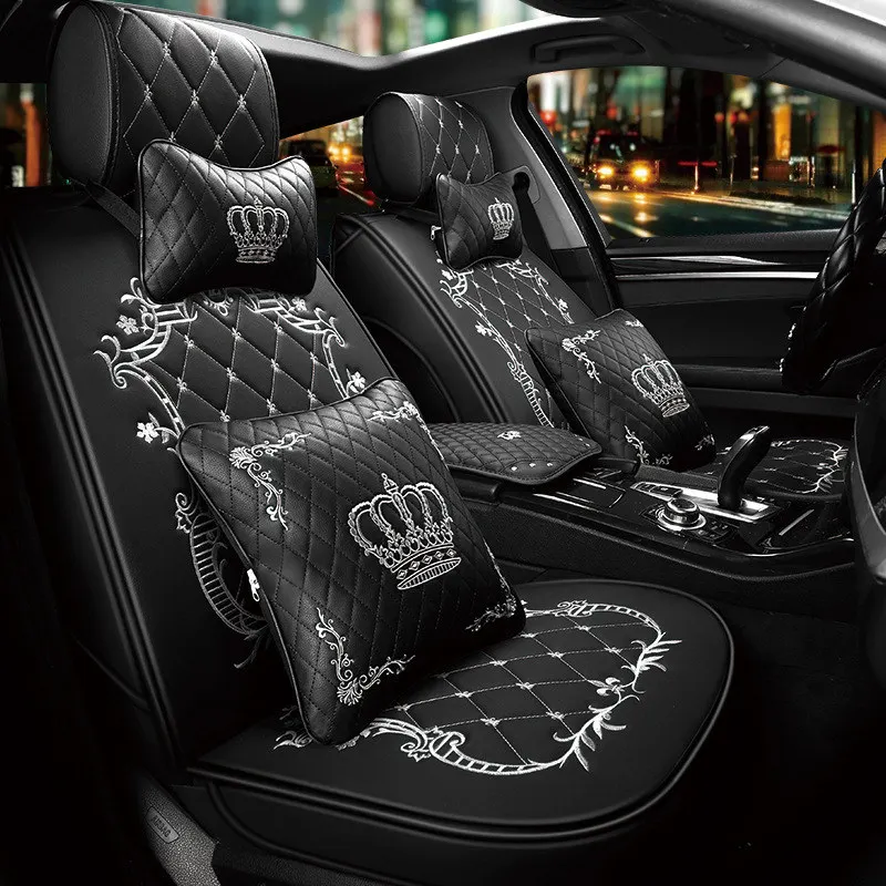 luxury white Корона, чехол для сиденья автомобиля, Передняя Задняя часть, кожаные чехлы для сидений, набор Uinversal, четыре сезона, авто аксессуары, интерьер, для девушек и женщин, автомобильный стиль - Название цвета: luxury white