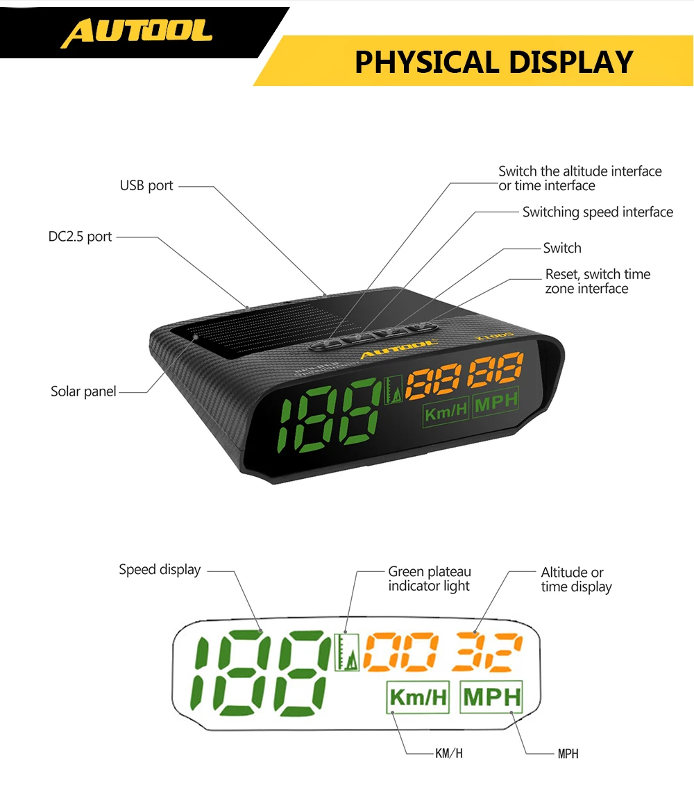 AUTOOL X100S HUD gps головой вверх Дисплей с Панели солнечные цифровой спидометр автомобиля Headup Авто безопасный Предупреждение высота диагностический инструмент
