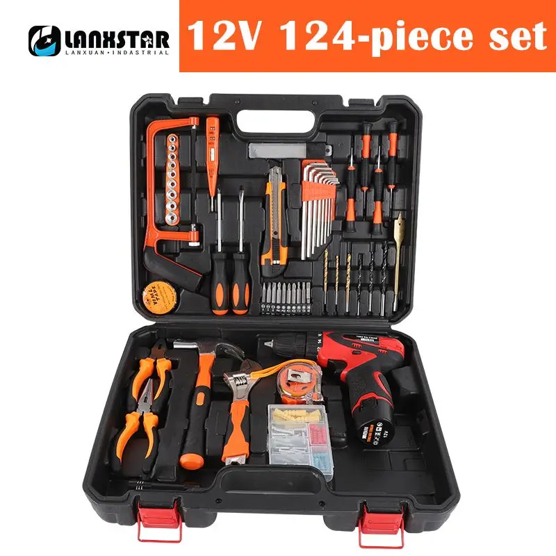 12V 124 piece set 36/45/78/124/128 Мощность Комбинации комплект дома Многофункциональный аппаратные средства деревообрабатывающий электрика Инструменты для ремонта автомобилей с электрическая дрель - Цвет: 12V 124 piece set