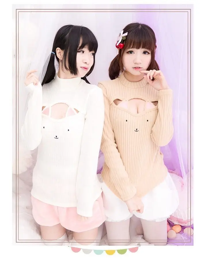 Sexy Cute Japanese ANIME Cat Ears Neko Mimi Style Winter Open Chest Turtleneck Collar Sweater Cosplay | Женская одежда