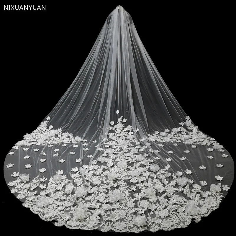 

2022 Real Photos Appliqued 4M Long Soft Tulle exquisite lace veil Cathedral Wedding Veil New Bridal Veil with Comb