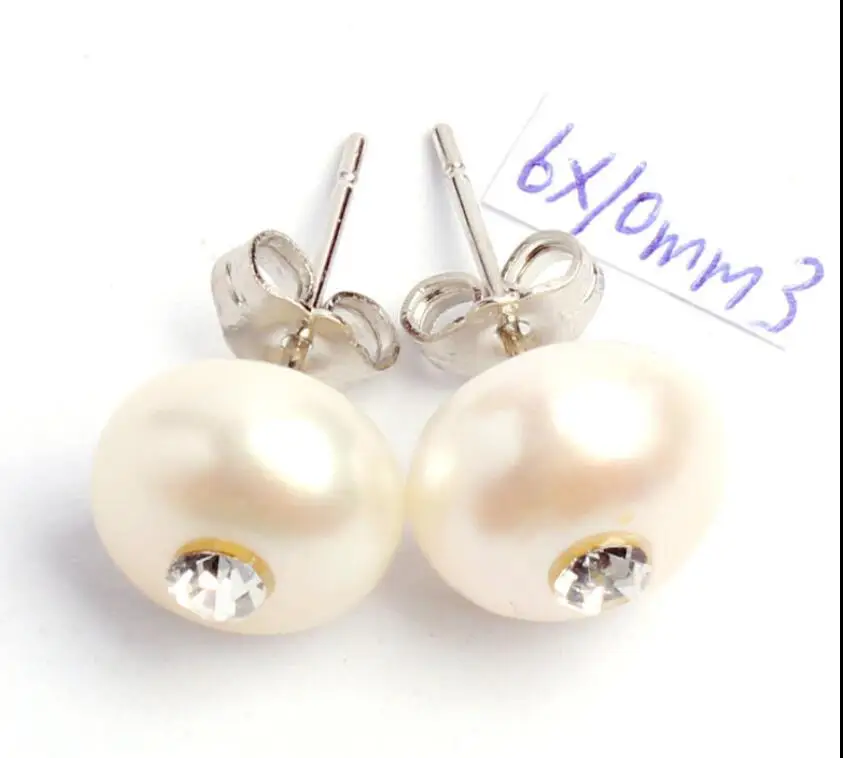 

6x10mm Pretty Natural 4 Color Freshwater Pearl Crystal Silver Earrings 1 Pair