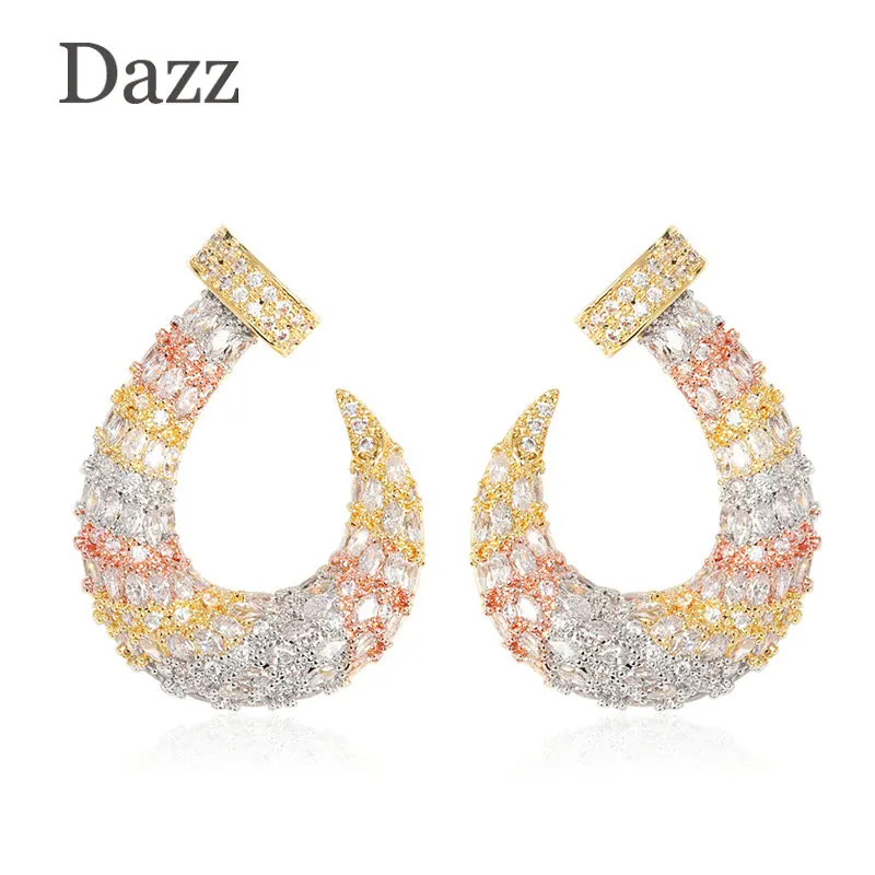 Dazz Роскошные серьги в форме рога овцы, 3 цвета, блестящие циркониевые медные ювелирные изделия, женские сверкающие серьги для свадьбы, вечеринки, юбилея - Окраска металла: gold color