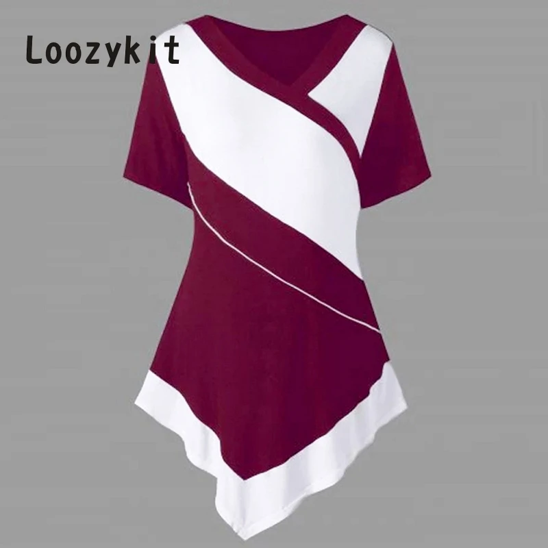 LOOZYKIT Лето 5XL размера плюс Лоскутные Асимметричные футболки женские с коротким рукавом v-образным вырезом Повседневная футболка Топы Туника Одежда