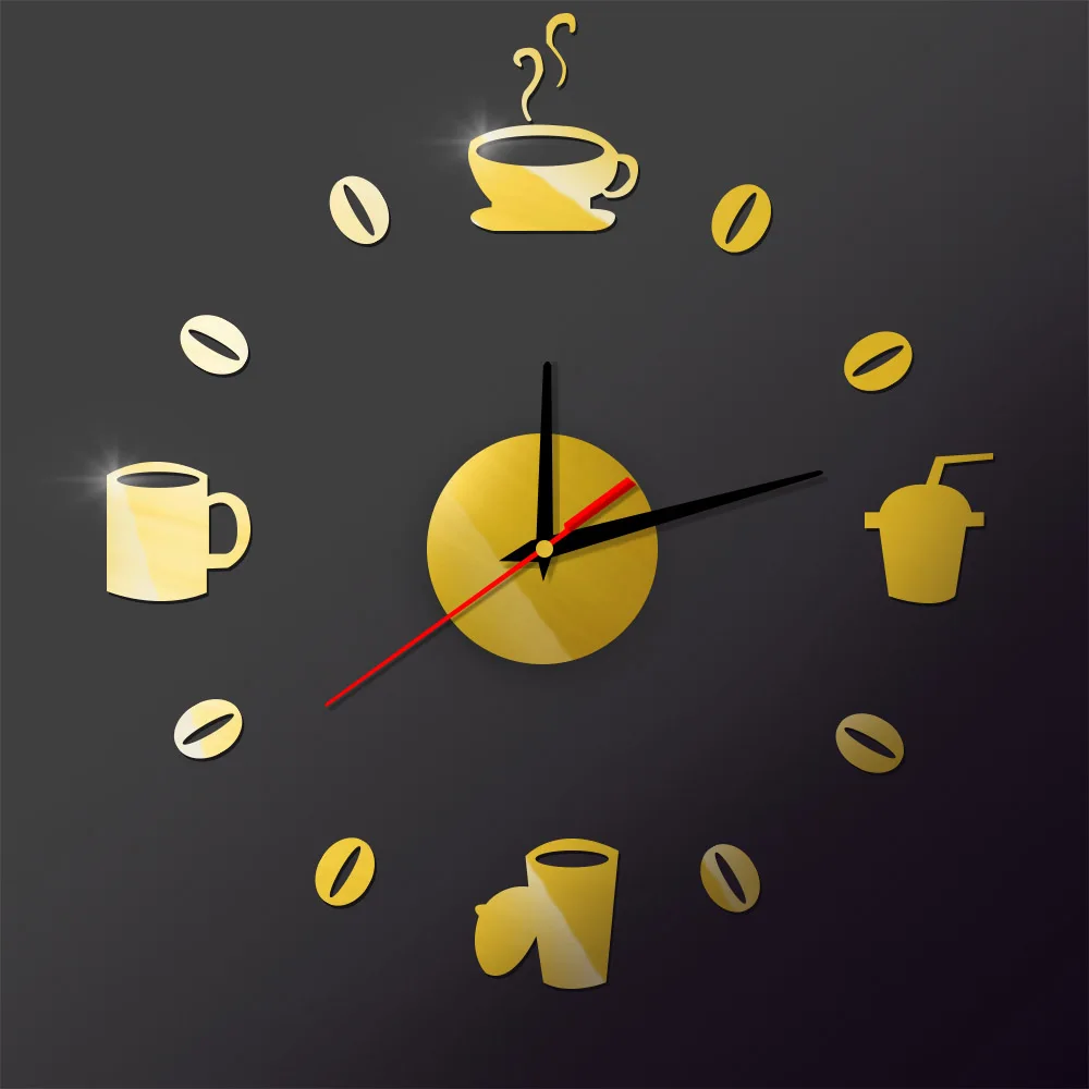 Золотой Coffee Cups Beans 3D DIY Wall Clock Acrylic Stickers Quartz Modern Home Decoration Retro Kitchen Wall Clock - Цвет: Золотой