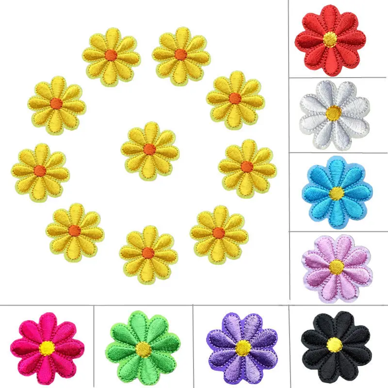 

10PCS Embroidered Flowers Patches Sew Iron On Badges Daisy 9 Colors 4CM For Bag Jeans Hat T Shirt DIY Appliques Craft Decoration