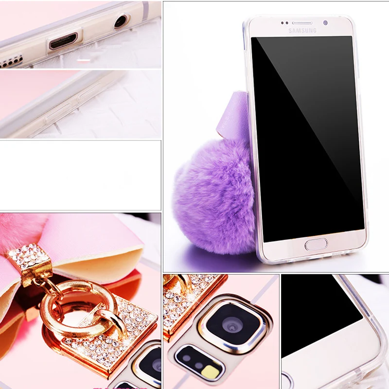 Glitter Phone Cases for Samsung galaxy A3 A5 A7 J3 J5 J7 2017 Prime S7 Edge S9 S8 Plus Note 9 8 Rabbit Fur Mirror Case Covers |