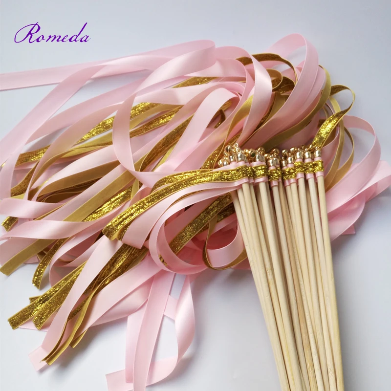 Hot Selling 50Pieces/Lot gold glitter + pink stain ribbon wands wedding stick confetti for party decoration | Дом и сад