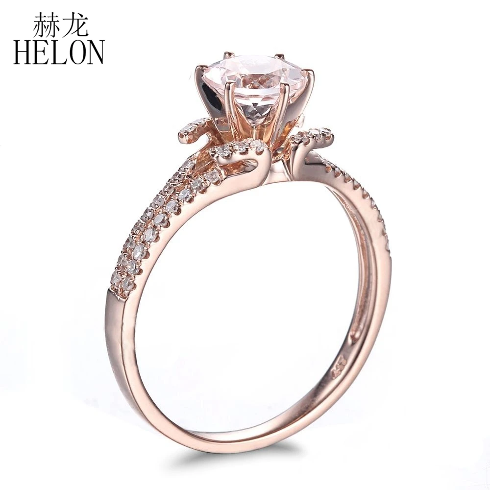 HELON Solid 14 к розовое золото; круг Cut натуральный морганит Очаровательная для женщин обручение кольцо природных алмазов Свадебная вечеринка ювелирные украшения