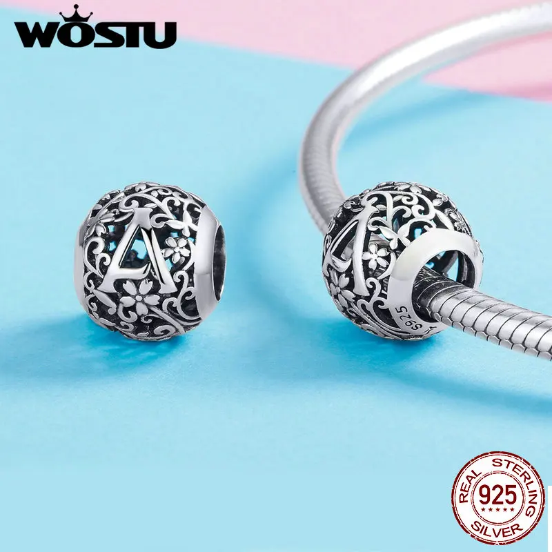 WOSTU 925 пробы бусины с алфавитом серебряный ажурный цветок бисер для оригинального