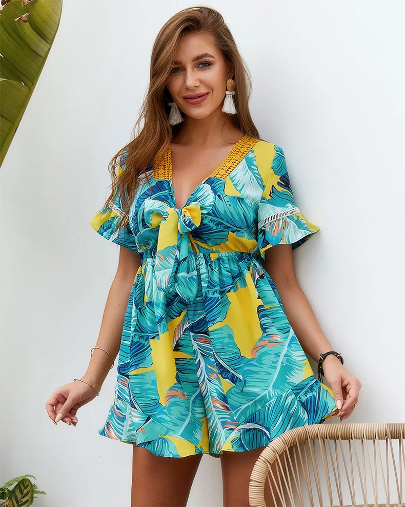 2019 Women Summer Mini Dress Printed Deep V Neck Playsuit A-Line Vintage Vestidos De Fiesta Beach Night Club | Женская одежда