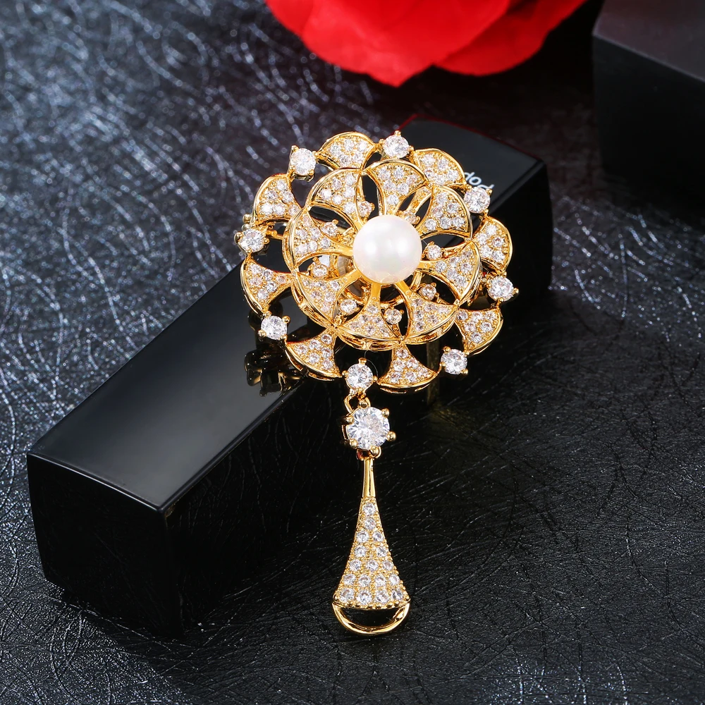 Snuoy Fashion Flower Brooches For Women and Pins Golden Zircon Brooch for Friends Gifts Shirt Suit Accessories | Украшения и