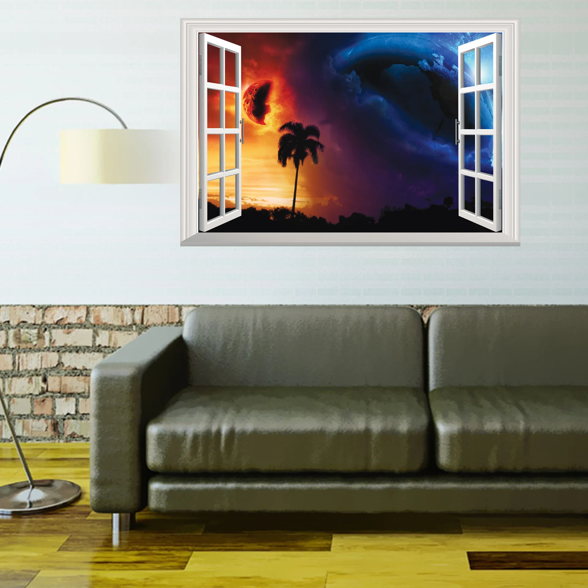 3D Fake Window Planet Crash View Mural Removable Wall Decals Sticker Decor landscape 3 d wall stickers | Дом и сад