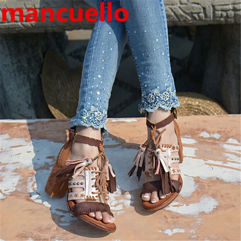 Mancuello новая мода обувь женщина на высоких каблуках сандалии кисточкой последние