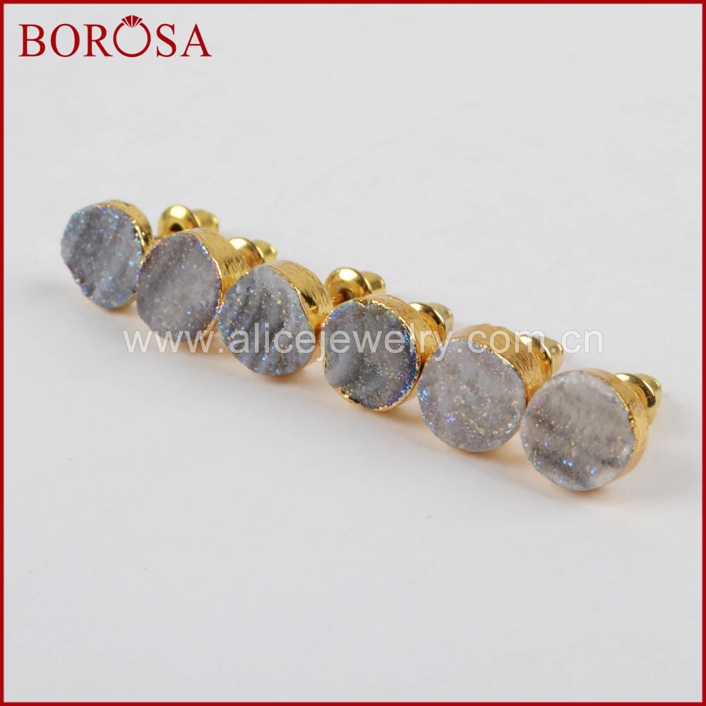 Круглые серьги-гвоздики BOROSA G1379 золотого цвета из титана AB Galaxy Druzy Quartz модные с