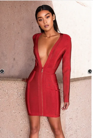 Блестящие Красота высокое качество красный с длинным рукавом Bodycon район платье