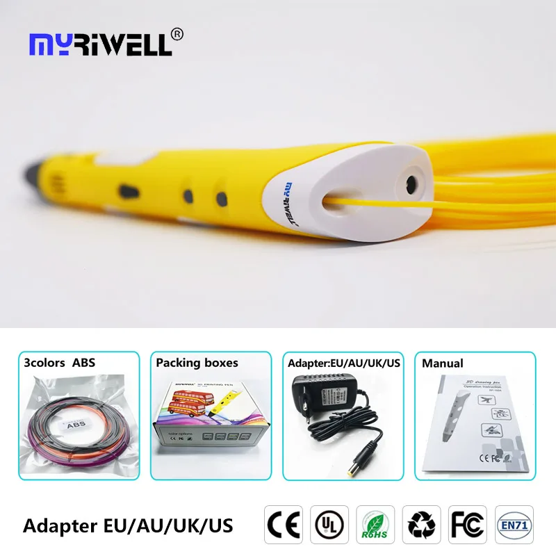 only yellow pen Myriwell 3d Ручка rp100a abs Филамент pla 1,75 мм 3d печатная ручка 3 d ручка искусство 3d ручки для детей Инструменты для рисования 3D Ручка abs пластик - Цвет: only yellow pen