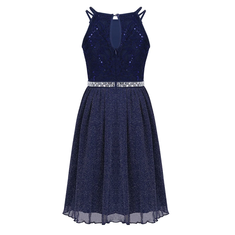 6-14 Years Kids Girls Sleeveless Sequined Floral Lace Shiny Princess Tulle Dress for Birthday Party Summer Prom Clothes