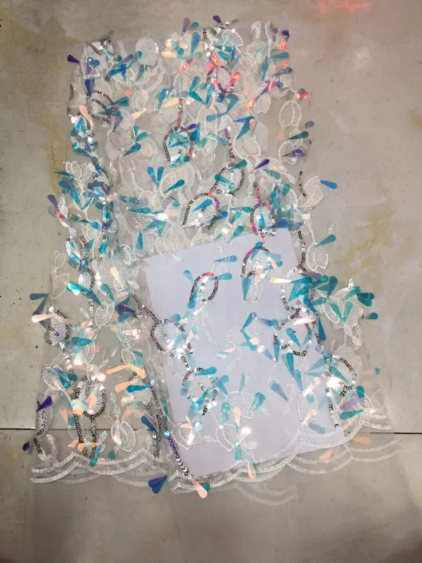 Синий Dentelle Tissu ткань для платья Отделка пайетками кружева аппликация вышитый