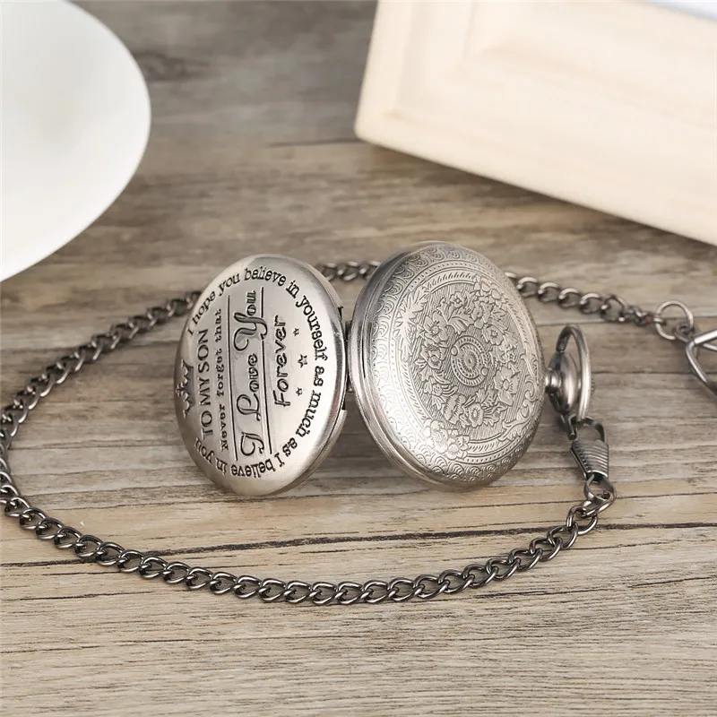

Classic To My Son Series Quartz Pocket Watch Retro For Men Gun-color Pocket Watches Honorable Link Pendant Gift For Pocket Watch