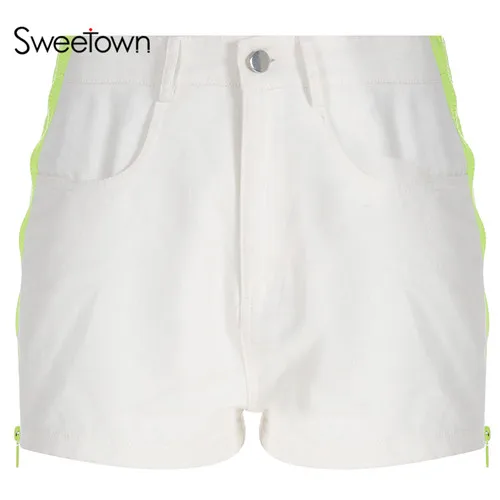 white Sweetown/белые хлопковые шорты с высокой талией, женские Лоскутные флуоресцентные зеленые открытые шорты на молнии в Корейском стиле, летняя уличная одежда - Цвет: white