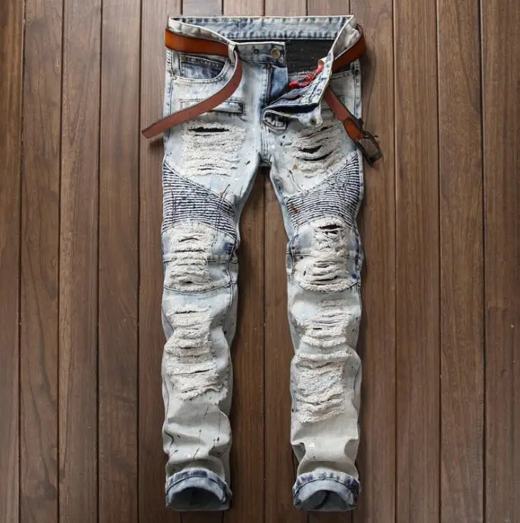 

New Hole Patch Retro biker jean men's pants Slim fit Straight jeans streetwear pantalones hombre jeans para hombre blue autumn