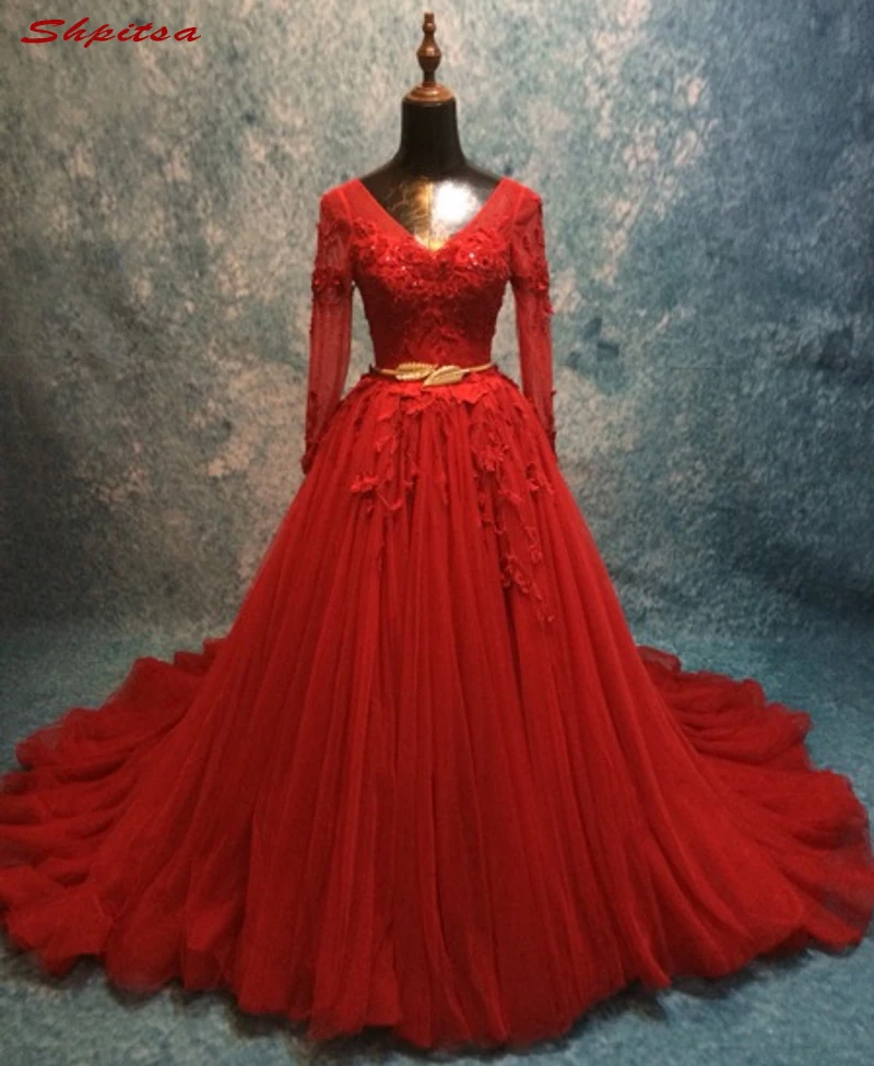 Красные кружевные Выпускные платья с длинным рукавом вышитое бисером тюль