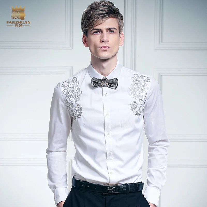 Fanzhuan Free Shipping New fashion casual male Men's  spring embroidered flowers white shirt Silver Palace design 612025