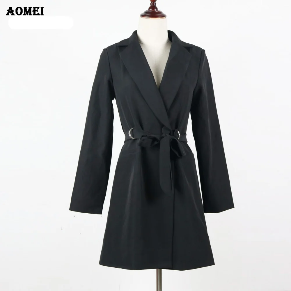 Женские весенние элегантные длинные блейзеры с поясом однотонные черные белые