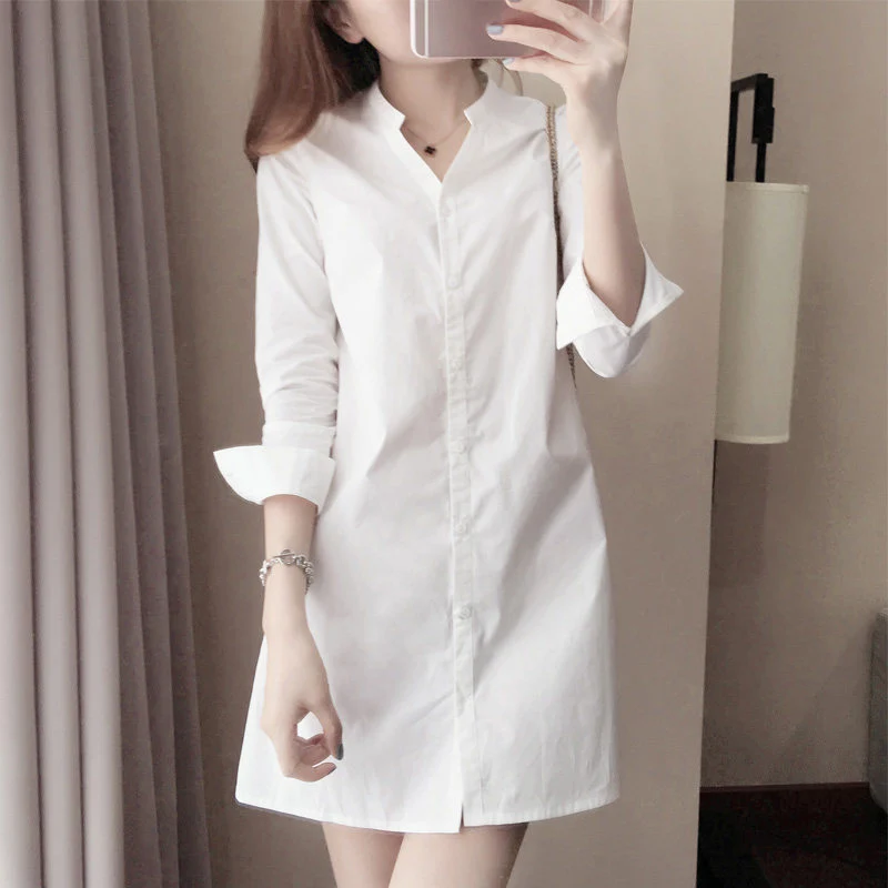 Women Girl Fashion White Long Sleeve V Neckline Slim Shirt Dress | Женская одежда