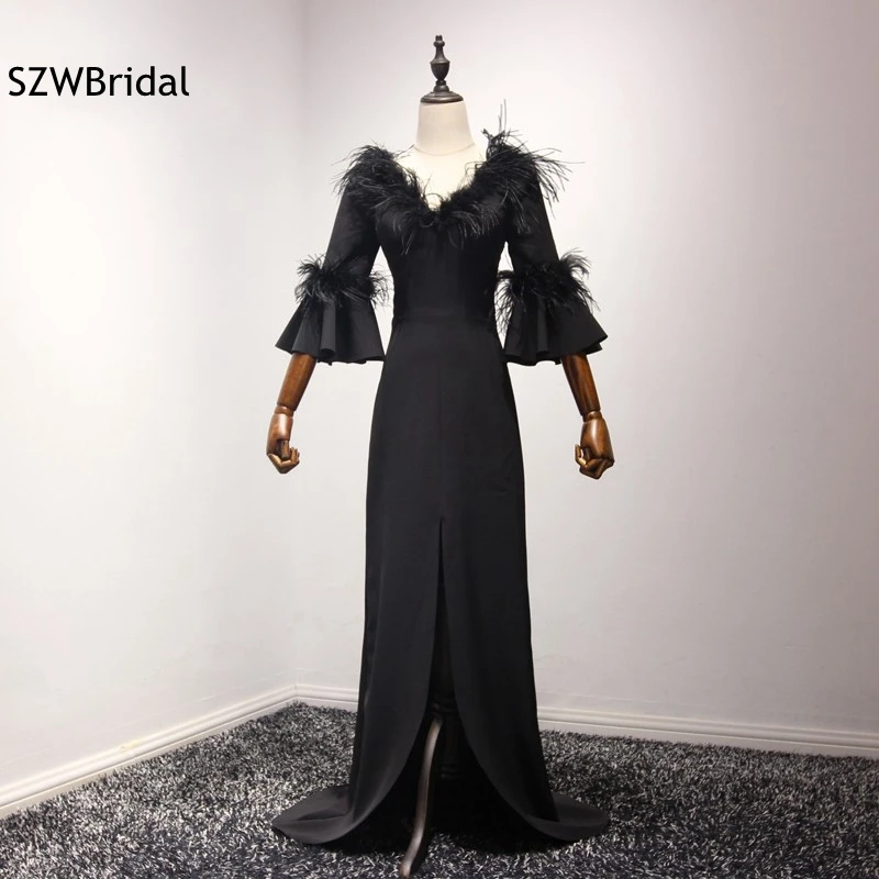 

Новое поступление, Черное вечернее платье с V-образным вырезом и перьями, 2021, вечернее платье большого размера с рукавом три четверти, вечерн...