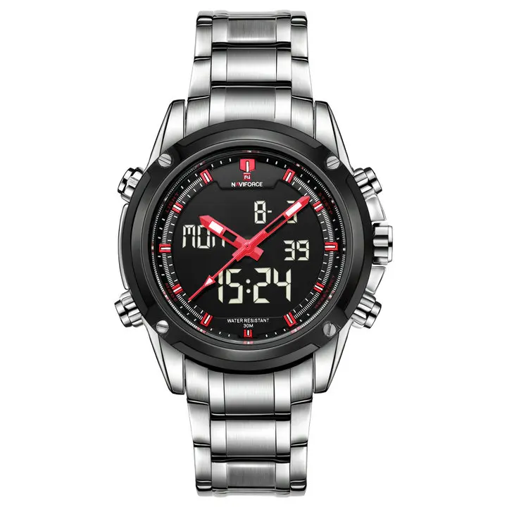 SILVER RED NAVIFORCE, военные часы, люксовый бренд, кварцевые, светодиодный, цифровые часы, полностью стальной ремешок, водонепроницаемые, армейские, модные, двойное время, аналоговые часы - Цвет: SILVER RED